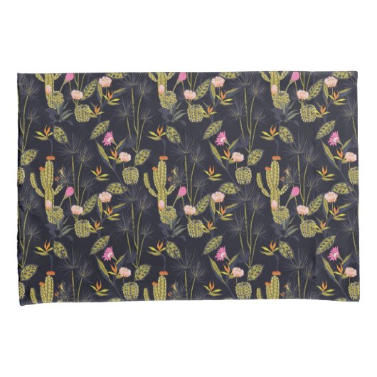 Dark Summer Night Cactus Pattern Kussensloop (Voorkant-Rechts)