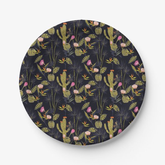 Dark Summer Night Cactus Pattern Papieren Bordje (Voorkant)
