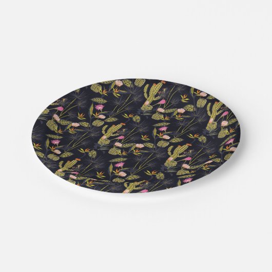 Dark Summer Night Cactus Pattern Papieren Bordje (Gekanteld)
