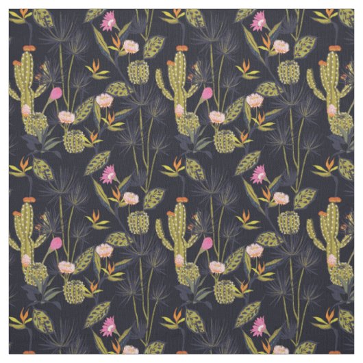 Dark Summer Night Cactus Pattern Stof (Swatch)