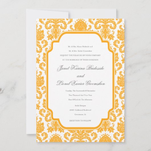 Dark Tangerine Weddings Damask Pattern Custom Invi Kaart (Voorkant)