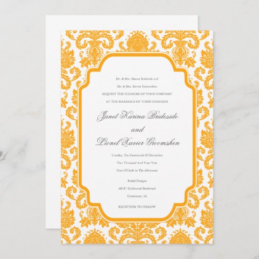 Dark Tangerine Weddings Damask Pattern Custom Invi Kaart (Voorkant / Achterkant)