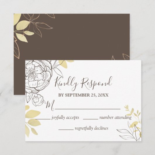 Dark Taupe & Gold Peony Floral Wedding RSVP-kaart RSVP Kaartje (Voorkant / Achterkant)