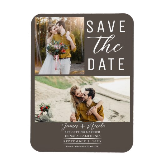 Dark Taupe Modern 2 Foto's Save the Date Wedding Magneet (Verticaal)