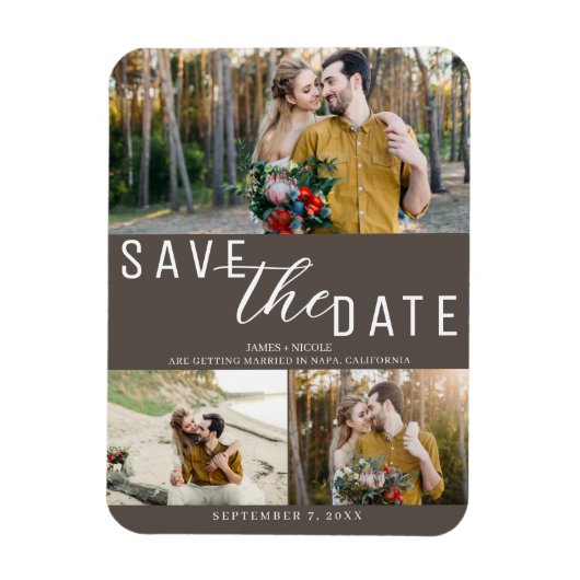 Dark Taupe Save the Date Wedding 3 Foto's Magneet (Verticaal)