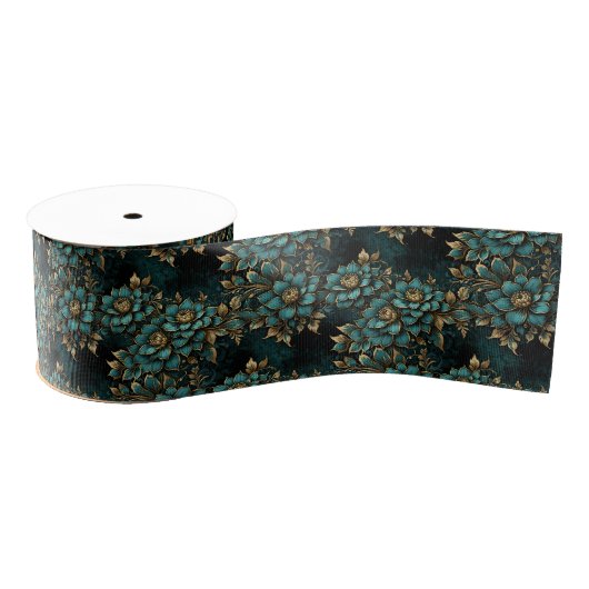 Dark Teal and Antique Gold Luxury Floral Grosgrain Lint (Spoel)