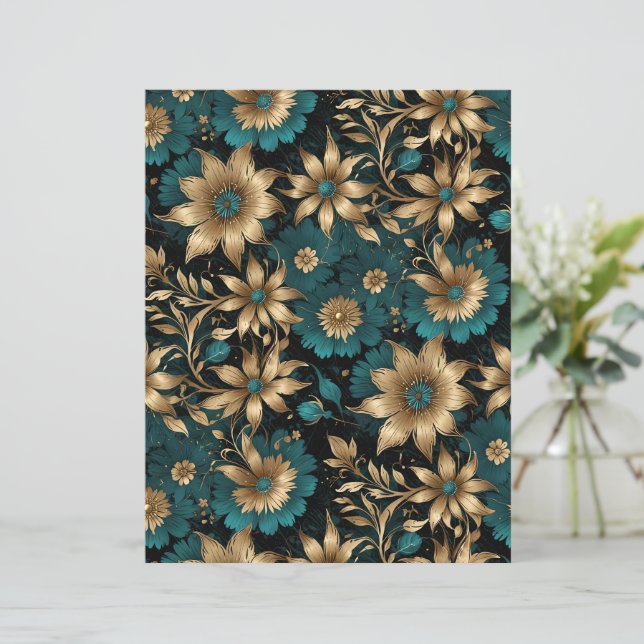 Dark Teal and Gold Metallic Effect Floral Paper (Staand voorkant)