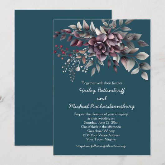 Dark Teal, Burgundy, Dusty Purple, Sage Wedding | Kaart (Voorkant / Achterkant)