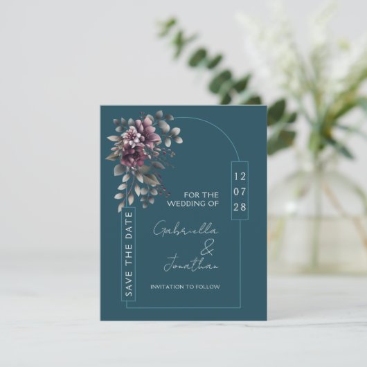 Dark Teal, Dusty Purple Arch Save the Date | Kaart (Staand voorkant)