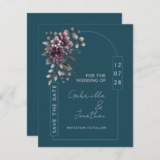 Dark Teal, Dusty Purple Arch Save the Date | Kaart (Voorkant / Achterkant)