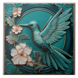 Dark teal faux relief Art Nouveau Hummingbird L Tegeltje