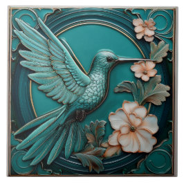 Dark teal faux relief Art Nouveau Hummingbird R Tegeltje