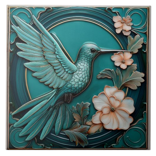 Dark teal faux relief Art Nouveau Hummingbird R Tegeltje (Voorkant)