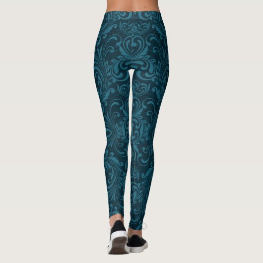 Dark teal floral damask pattern leggings (Achterkant)