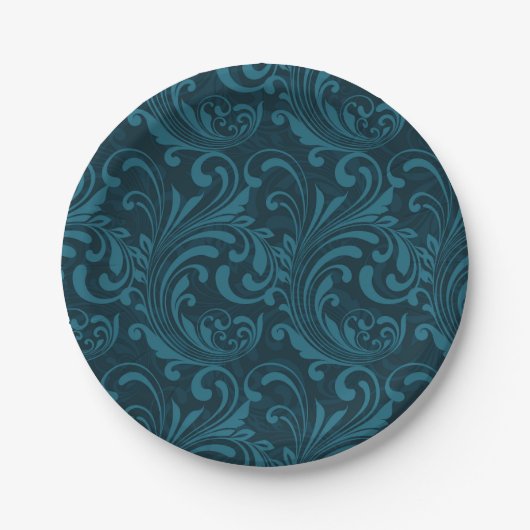 Dark teal floral damask pattern papieren bordje (Voorkant)