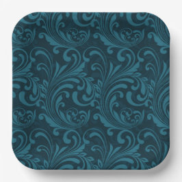 Dark teal floral damask pattern papieren bordje