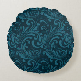 Dark teal floral damask pattern rond kussen