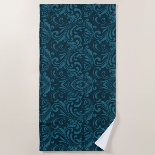 Dark teal floral damask pattern strandlaken (Voorkant)
