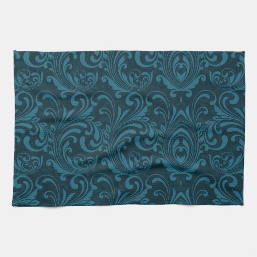 Dark teal floral damask pattern theedoek (Horizontaal)