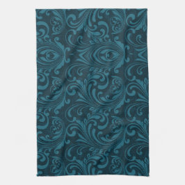 Dark teal floral damask pattern theedoek