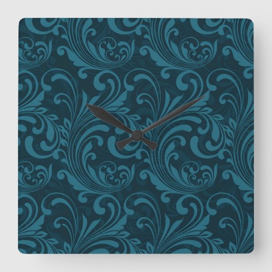 Dark teal floral damask pattern vierkante klok (Voorkant)