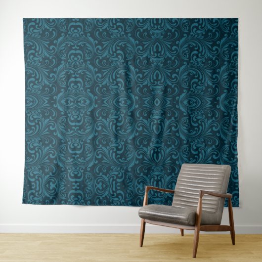 Dark teal floral damask pattern wandkleed (In Situ (horizontaal))