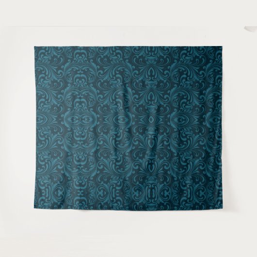 Dark teal floral damask pattern wandkleed (Voorkant (horizontaal))