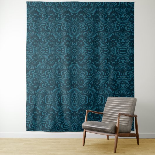 Dark teal floral damask pattern wandkleed (In situ)