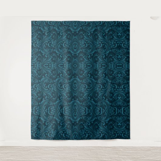 Dark teal floral damask pattern wandkleed (Voorkant)