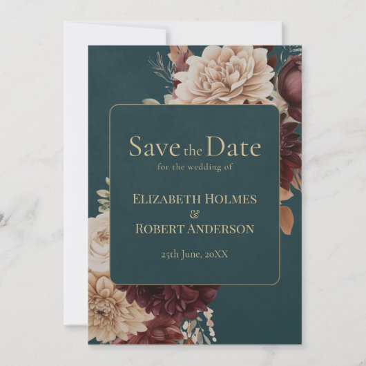Dark Teal Floral Gothic Save the Date Kaart (Voorkant)