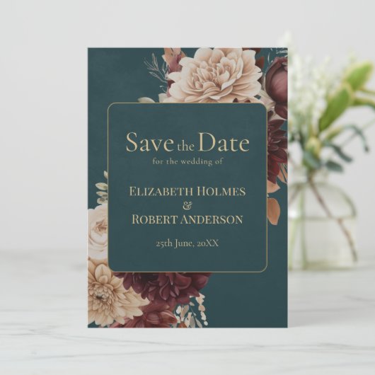 Dark Teal Floral Gothic Save the Date Kaart (Staand voorkant)