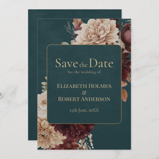 Dark Teal Floral Gothic Save the Date Kaart (Voorkant / Achterkant)