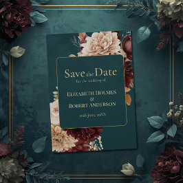 Dark Teal Floral Gothic Save the Date Kaart