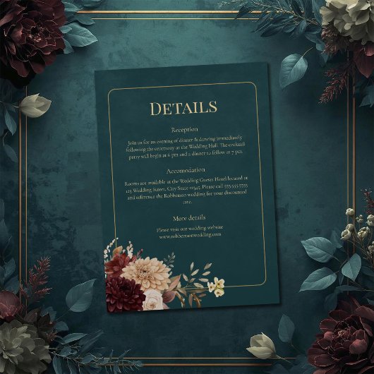 Dark Teal Floral Gothic Wedding Details Card Kaart
