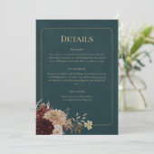Dark Teal Floral Gothic Wedding Details Card Kaart (Staand voorkant)