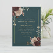 Dark Teal Floral Gothic Wedding Invitation Kaart (Staand voorkant)