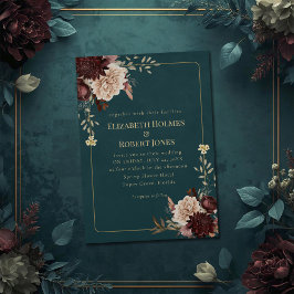 Dark Teal Floral Gothic Wedding Invitation Kaart
