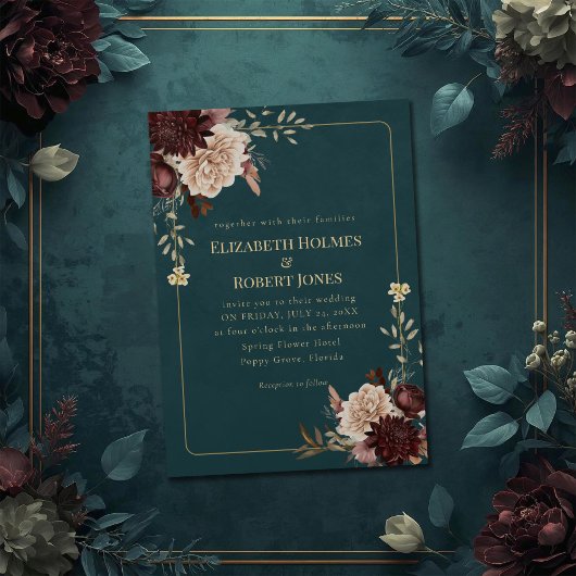 Dark Teal Floral Gothic Wedding Invitation Kaart
