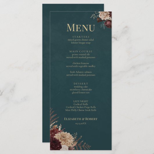Dark Teal Floral Gothic Wedding Menu (Voorkant / Achterkant)