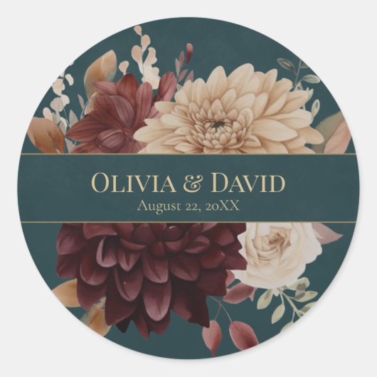 Dark Teal Floral Gothic Wedding Round Sticker (Voorkant)