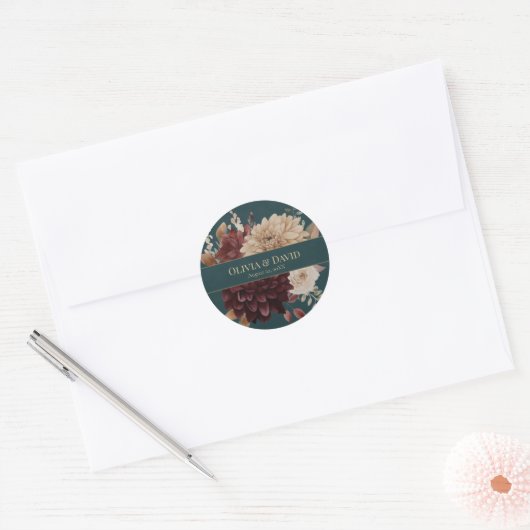 Dark Teal Floral Gothic Wedding Round Sticker (Envelop)
