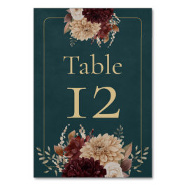 Dark Teal Floral Gothic Wedding Table Number Kaart