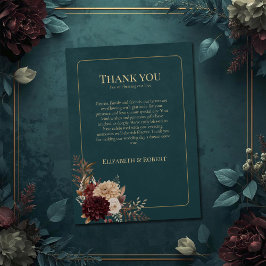 Dark Teal Floral Gothic Wedding Thank You Card Bedankkaart