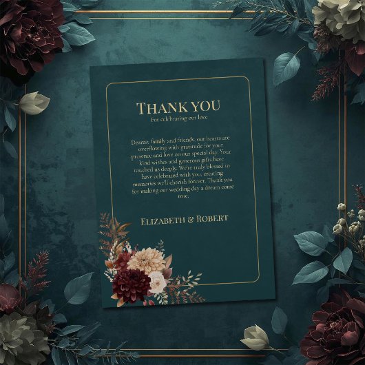 Dark Teal Floral Gothic Wedding Thank You Card Bedankkaart