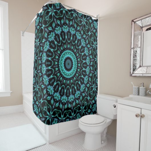 Dark Teal Floral Noir Mandala Douchegordijn (In situ)