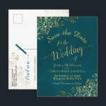Dark Teal & Gold Calligraphy Wedding Save the Date Aankondigingskaart<br><div class="desc">This beautiful save the date postcard will give your friends and family advance notice of your upcoming wedding. It boasts a beautiful design featuring lacy calligraphy with swashes or flourishes on the ends of the letters. The background is a marbled dark teal color, and there are decorative gold faux foil...</div>