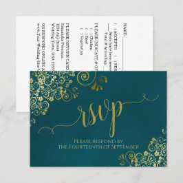 Dark Teal & Gold Elegant Lacy Calligraphy Wedding RSVP Kaartje