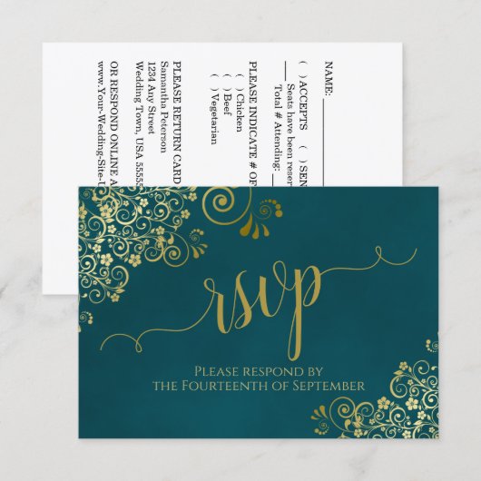 Dark Teal & Gold Elegant Lacy Calligraphy Wedding RSVP Kaartje (Voorkant / Achterkant)