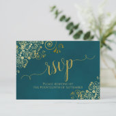 Dark Teal & Gold Elegant Lacy Calligraphy Wedding RSVP Kaartje (Staand voorkant)