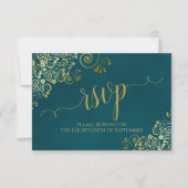 Dark Teal & Gold Elegant Lacy Calligraphy Wedding RSVP Kaartje (Voorkant)